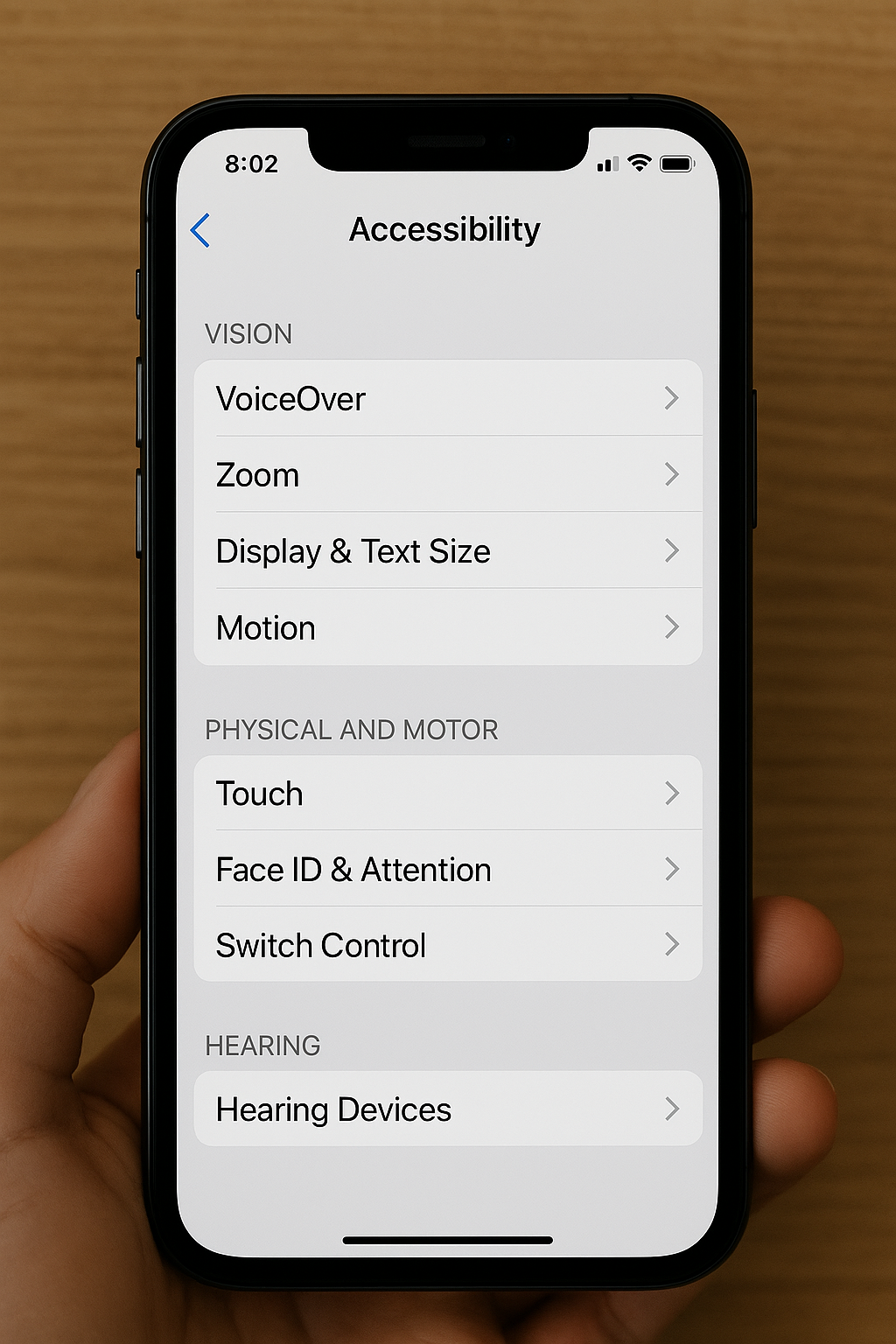 Close-up photo of an iPhone displaying the Accessibility settings menu. The screen shows sections for Vision (with options like VoiceOver, Zoom, Display & Text Size, and Motion), Physical and Motor (including Touch, Face ID & Attention, and Switch Control), and Hearing (showing Hearing Devices). A hand is holding the phone against a light wooden background.