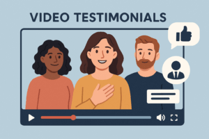A 2D digital illustration of a video testimonial featuring three diverse individuals—a smiling African American woman in a salmon-colored shirt, a Caucasian woman in a mustard-yellow shirt speaking with a hand on her chest, and a bearded Caucasian man in a navy-blue shirt—framed inside a video player interface with a progress bar, play button, volume control, and full-screen icon. Above the video, bold text reads "VIDEO TESTIMONIALS" with speech bubbles showing a thumbs-up icon and a businessperson icon, symbolizing approval and professional credibility.