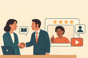 Illustration of a businesswoman and a businessman shaking hands across a desk, symbolizing a successful sales interaction. A laptop sits in front of the woman, and a speech bubble with a book icon appears between them, suggesting education or communication. Behind them, a video testimonial window displays a smiling customer giving a thumbs-up, surrounded by five gold stars, a user icon, and a play button, emphasizing trust and positive feedback. The scene uses a clean, flat design style with warm, muted tones.