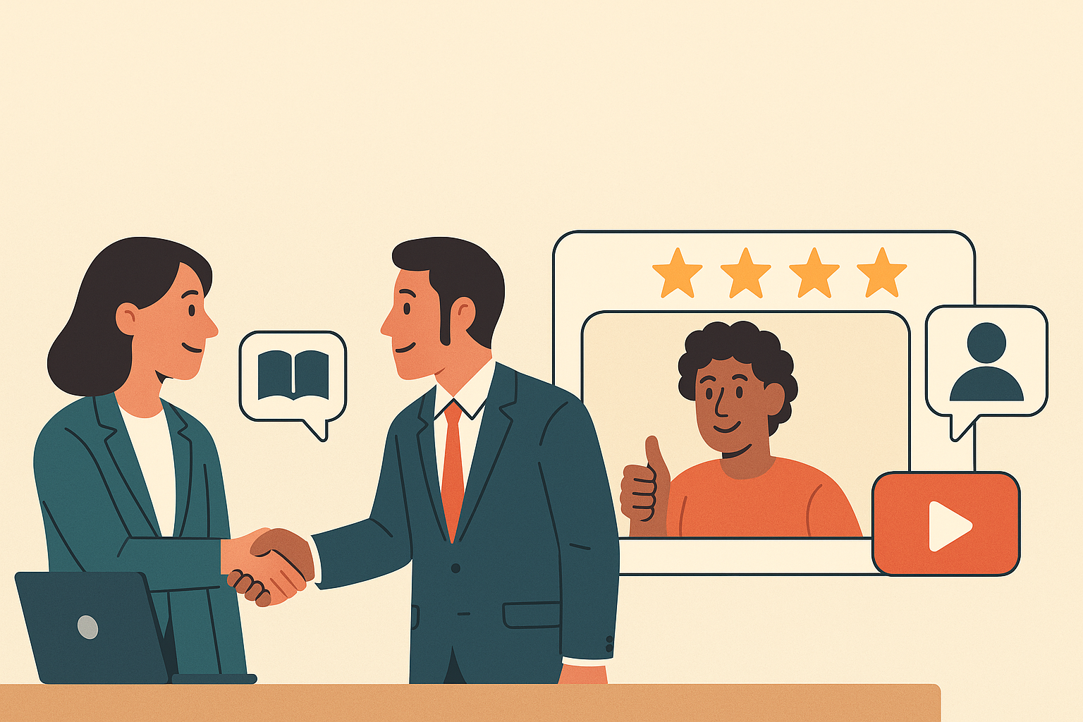 Illustration of a businesswoman and a businessman shaking hands across a desk, symbolizing a successful sales interaction. A laptop sits in front of the woman, and a speech bubble with a book icon appears between them, suggesting education or communication. Behind them, a video testimonial window displays a smiling customer giving a thumbs-up, surrounded by five gold stars, a user icon, and a play button, emphasizing trust and positive feedback. The scene uses a clean, flat design style with warm, muted tones.