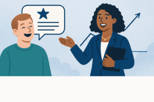 A flat, digital illustration shows a smiling man on the left, wearing a teal sweater, speaking enthusiastically with a testimonial speech bubble above him. On the right, an African American woman in a navy blue blazer gestures with a smile while holding a black folder, standing in front of a rising sales graph. The background features soft blue tones and abstract cloud shapes, creating a calm and professional setting.