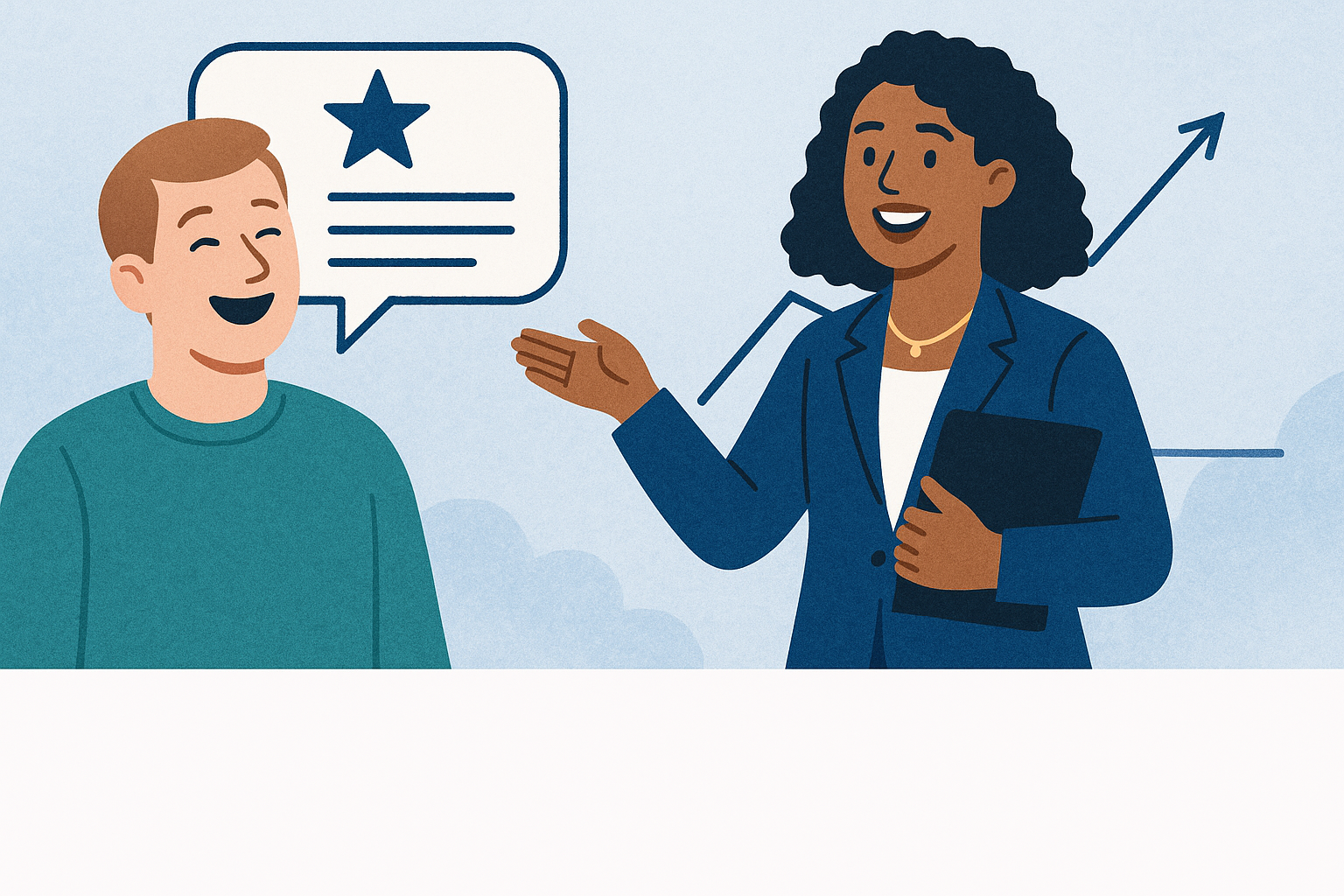 A flat, digital illustration shows a smiling man on the left, wearing a teal sweater, speaking enthusiastically with a testimonial speech bubble above him. On the right, an African American woman in a navy blue blazer gestures with a smile while holding a black folder, standing in front of a rising sales graph. The background features soft blue tones and abstract cloud shapes, creating a calm and professional setting.