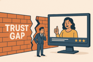 A digital illustration shows a businessman in a suit standing in front of a cracked brick wall labeled "TRUST GAP," looking thoughtfully at a large computer monitor. On the screen, a smiling woman gives a thumbs-up, representing a video testimonial. The scene symbolizes bridging the trust gap in sales using authentic client testimonials.