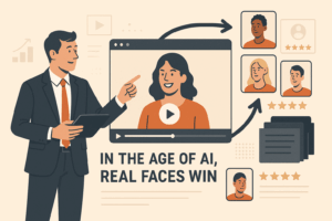 Illustration of a professional man in a suit holding a tablet and pointing to a video of a smiling woman, representing a customer testimonial. Surrounding the video are icons of diverse customers with star ratings and document stacks, symbolizing authentic user stories. Bold caption reads: “Build Trust at Scale with Real Customer Stories.” The design emphasizes human connection over synthetic content in the age of AI.
