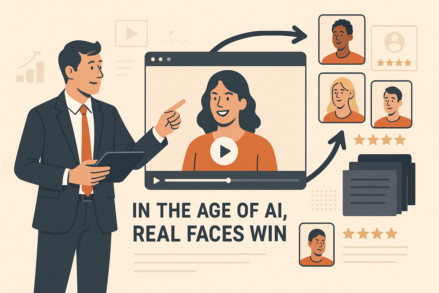 Illustration of a professional man in a suit holding a tablet and pointing to a video of a smiling woman, representing a customer testimonial. Surrounding the video are icons of diverse customers with star ratings and document stacks, symbolizing authentic user stories. Bold caption reads: “Build Trust at Scale with Real Customer Stories.” The design emphasizes human connection over synthetic content in the age of AI.