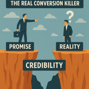 An illustration showing two men standing on opposite cliffs. One man stands on a platform labeled 'PROMISE' and points at the other man, who stands on a platform labeled 'REALITY' with a question mark above his head. The gap between the cliffs is labeled 'CREDIBILITY'. At the top, text reads 'THE REAL CONVERSION KILLER'. The image visually represents the idea that a lack of credibility between promise and reality undermines conversions.