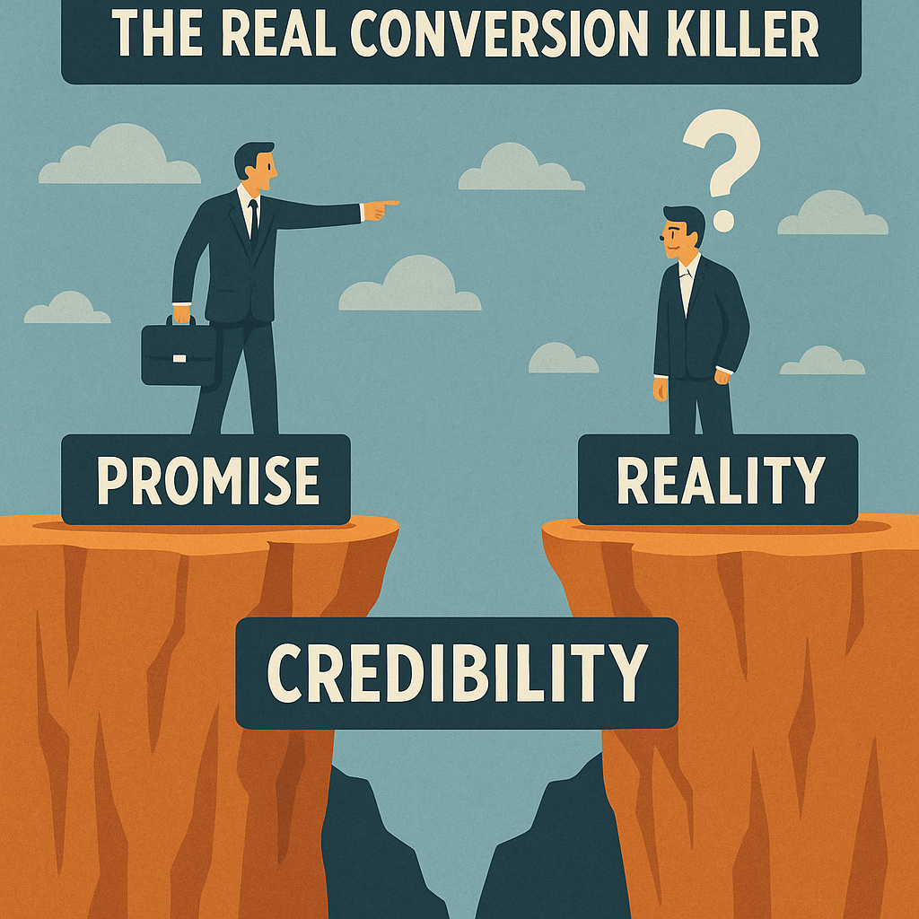 An illustration showing two men standing on opposite cliffs. One man stands on a platform labeled 'PROMISE' and points at the other man, who stands on a platform labeled 'REALITY' with a question mark above his head. The gap between the cliffs is labeled 'CREDIBILITY'. At the top, text reads 'THE REAL CONVERSION KILLER'. The image visually represents the idea that a lack of credibility between promise and reality undermines conversions.