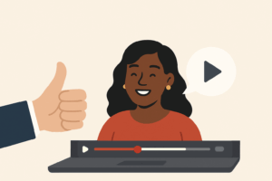 A flat-style digital illustration showing a smiling African American woman with long black hair and gold earrings appearing in a video player interface. A play icon is displayed in a speech bubble beside her, and a Caucasian hand on the left gives a thumbs-up gesture. The background is a soft beige color, creating a clean and friendly aesthetic.