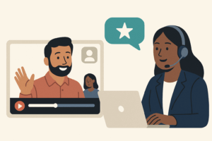 Illustration of a video testimonial call where a smiling man waves from within a video player on the left, while a woman wearing a headset sits at a laptop on the right, with a teal speech bubble showing a white star above her — representing a client endorsement during a virtual sales interaction.