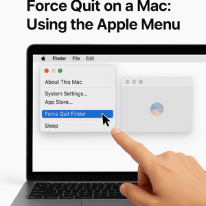 Hand pointing at a MacBook screen showing the Apple menu with "Force Quit Finder" highlighted, demonstrating how to force quit an app using the Apple Menu on a Mac.