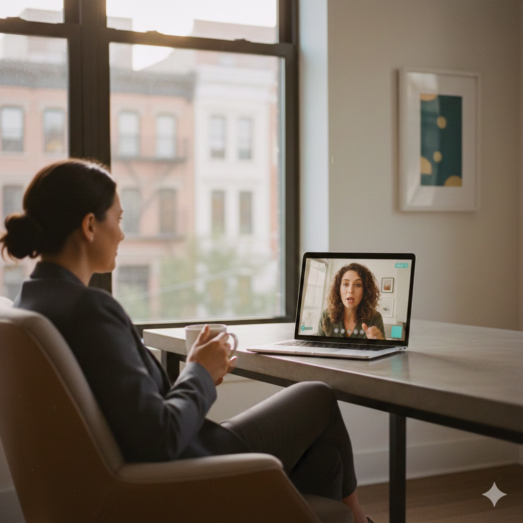Consultant listening as a client speaks on a video call in a professional office setting.