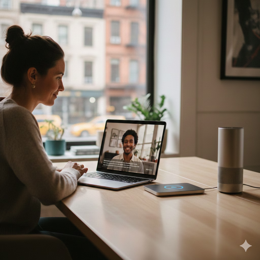 Business owner watching a client video testimonial on a laptop in a modern office setting.