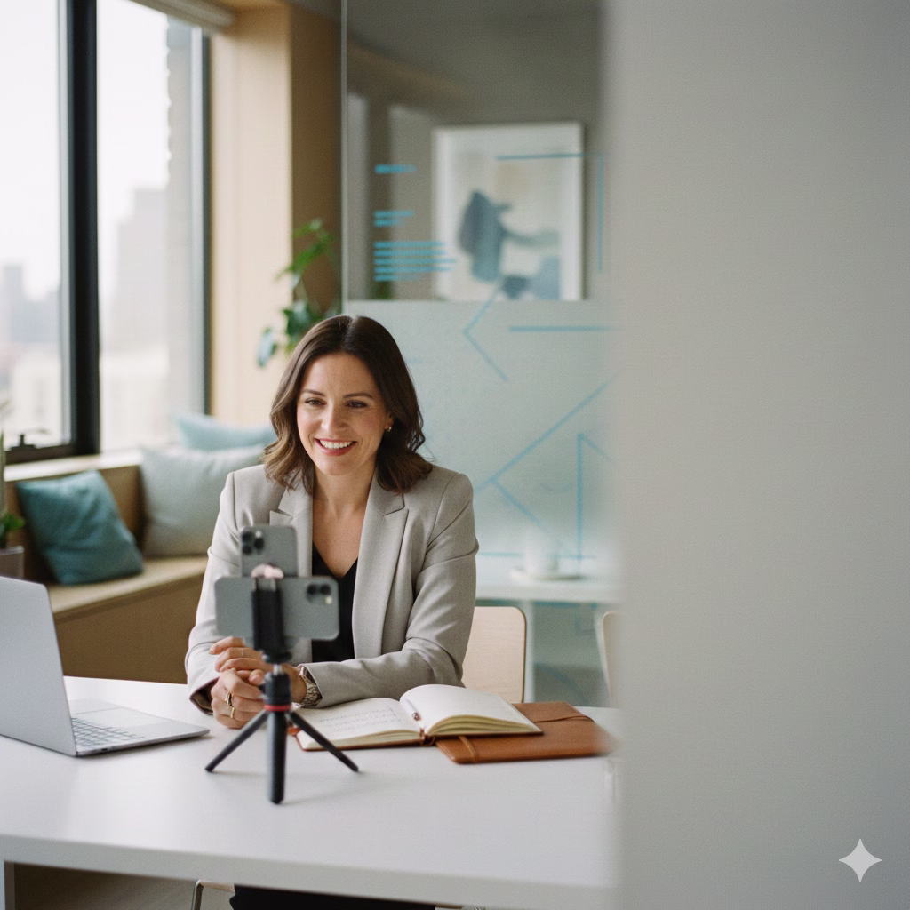 Business owner recording a customer testimonial video in a modern office setting.
