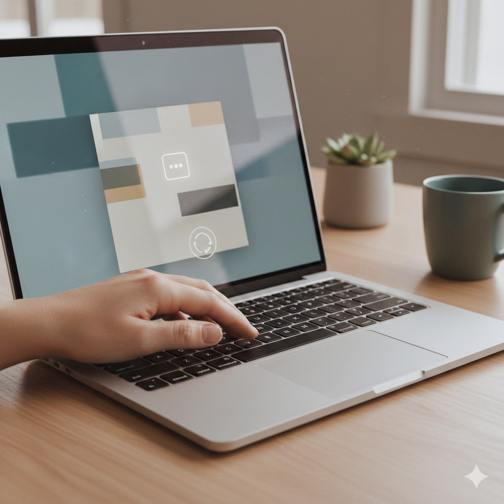 MacBook on a desk showing a frozen app while a user prepares to force quit it using keyboard controls.