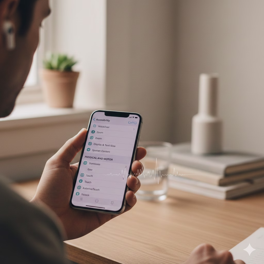 Hand holding an iPhone showing the Accessibility settings menu for easier navigation features.