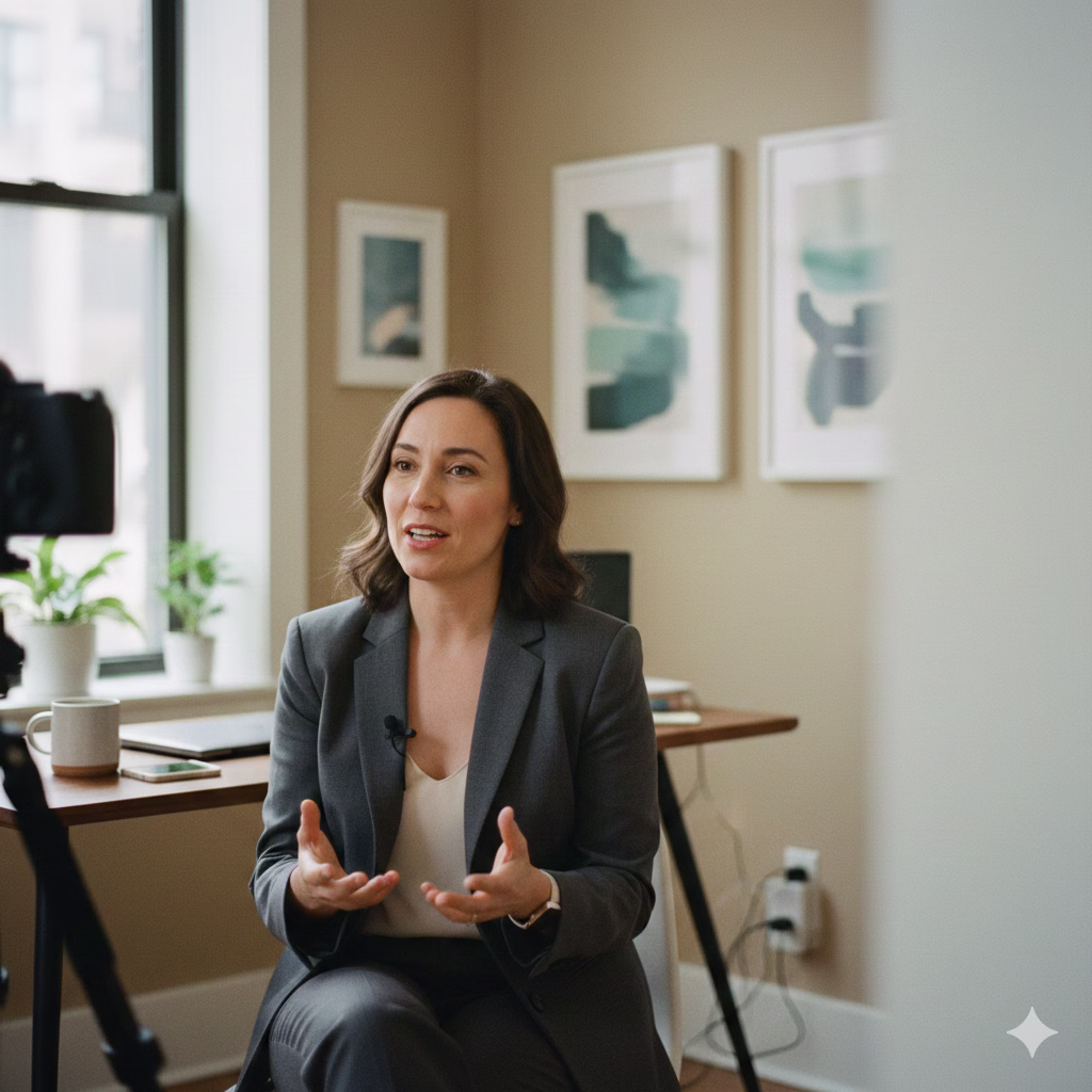 Business owner speaking naturally during a client testimonial video shoot in a modern office.