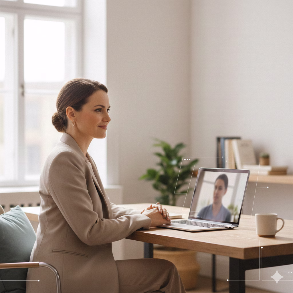 Service business owner reviewing a client video testimonial at a modern desk