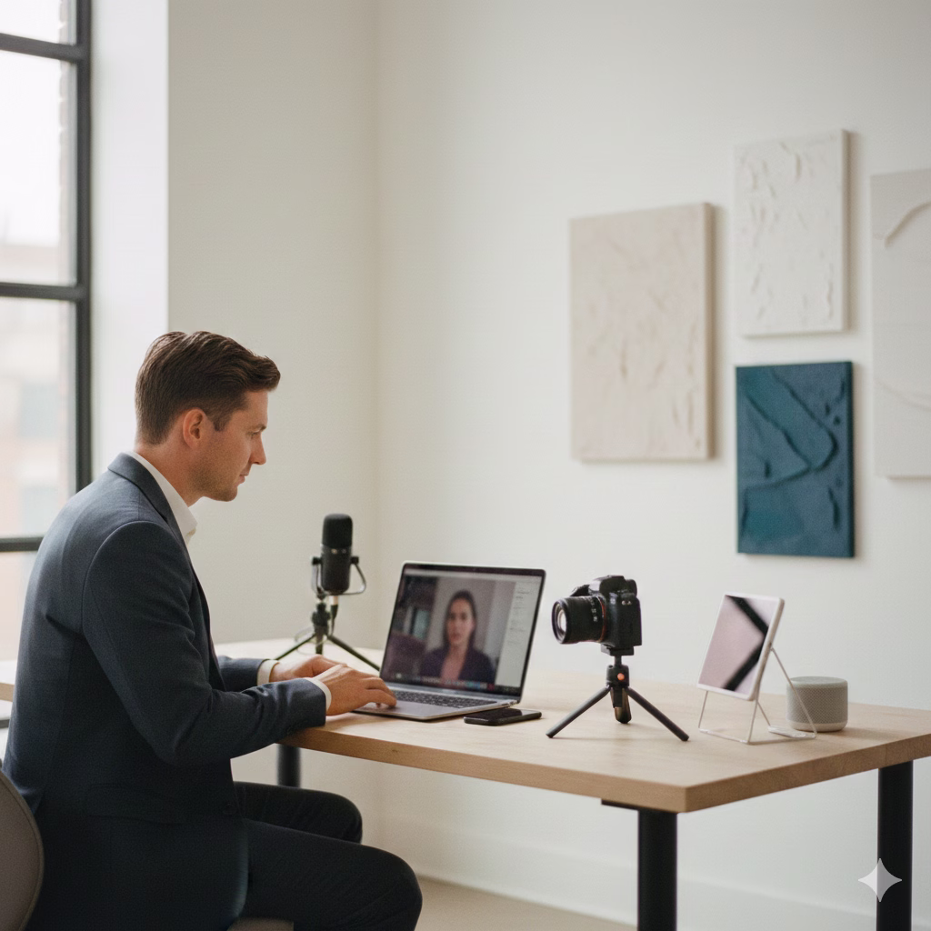 Founder reviewing a client video testimonial on a laptop in a modern office workspace.