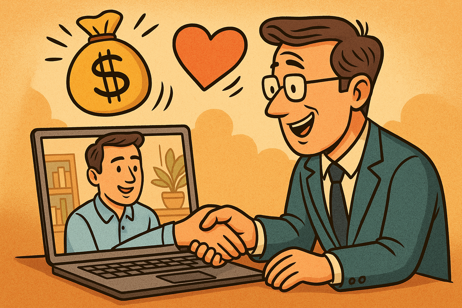 A cartoon-style illustration of a businessman in a suit shaking hands with another man appearing on a laptop screen, symbolizing a virtual meeting. Above them are a red heart and a money bag icon, representing trust and successful high-ticket sales.