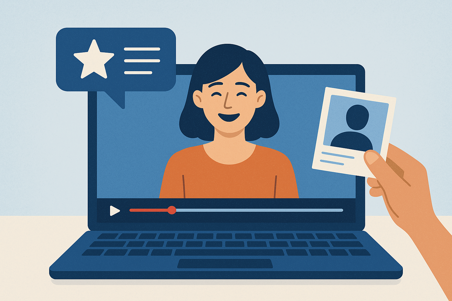A flat design illustration of a woman smiling in a video testimonial displayed on a laptop screen. A hand holds a photo ID card in the foreground, and a speech bubble with a star icon appears above, suggesting positive feedback or a review. The background is light blue with a clean, minimal aesthetic.