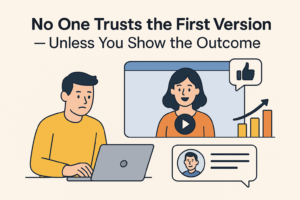 Illustration of a man in a yellow shirt looking uncertain while working on a laptop, next to a video testimonial of a smiling woman with a play button overlay. A bar chart with an upward arrow and a thumbs-up icon represent positive outcomes, supporting the idea that showing results builds trust. Text reads: "No One Trusts the First Version — Unless You Show the Outcome.