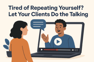 A woman watches a video on a laptop showing a smiling man speaking, with a speech bubble indicating he's giving a testimonial. The headline above reads, “Tired of Repeating Yourself? Let Your Clients Do the Talking.” A potted plant sits beside her, and the scene promotes a video testimonial service.