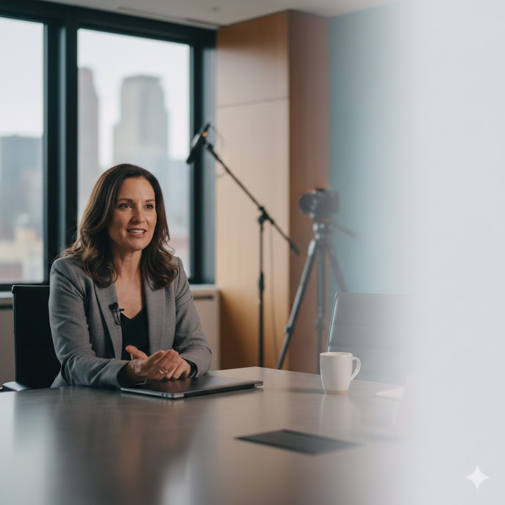 Business executive giving a video testimonial in a modern office interview setting.
