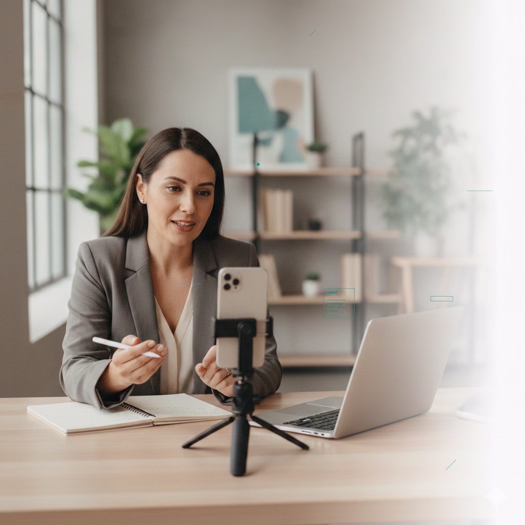 Client recording an authentic video testimonial in a modern office setting.