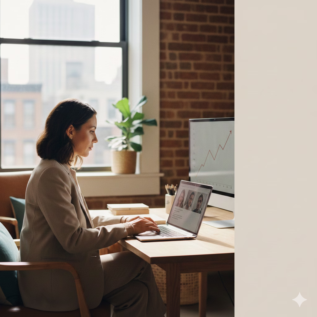 Founder reviewing a client video testimonial on a laptop in a modern office workspace.
