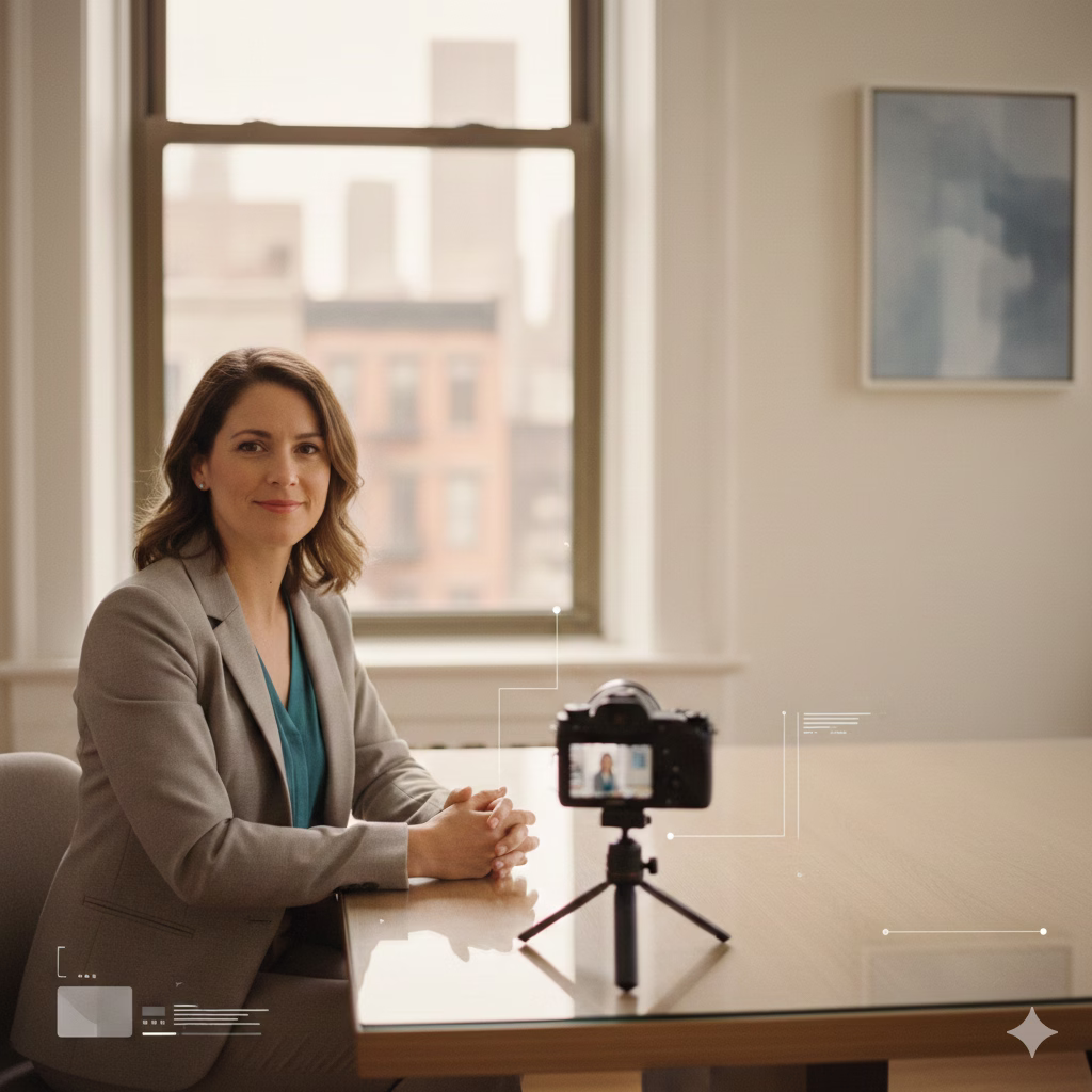Small business owner at a desk with a smartphone on a tripod, representing referrals captured through video testimonials.
