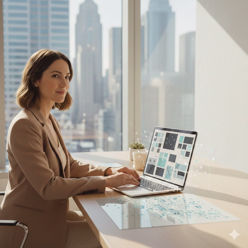 Small business professional reviewing structured website content in a modern office, representing AI visibility and answer-first optimization.