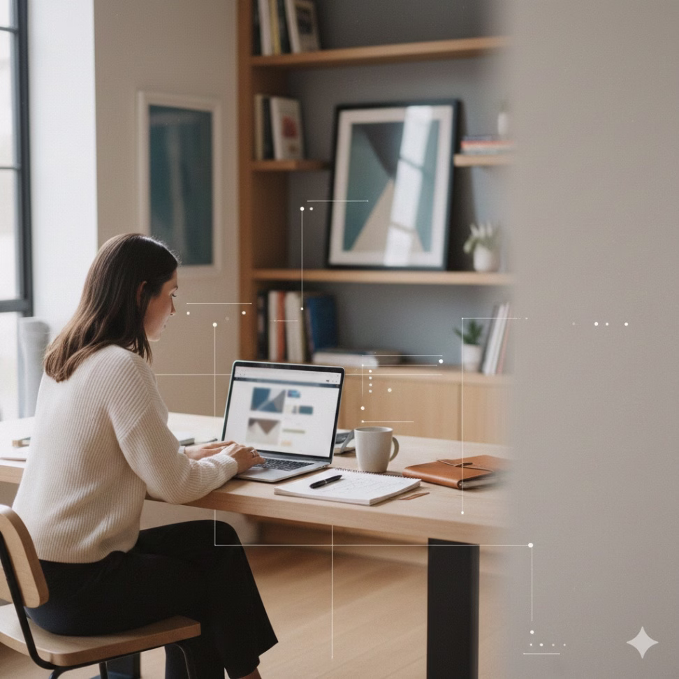 Small business owner in a Long Island office reviewing a website design on a laptop.