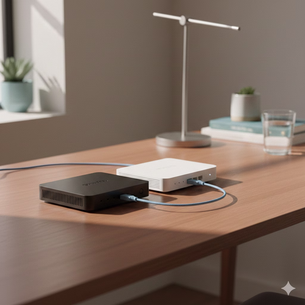 A modem and a wireless router connected together on a home office desk, showing two separate devices used for internet access.