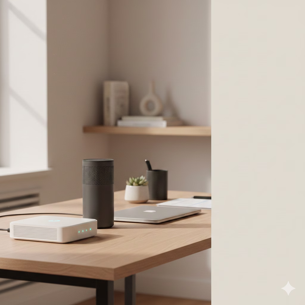 Spectrum modem and WiFi router restarting on a desk in a home office environment.