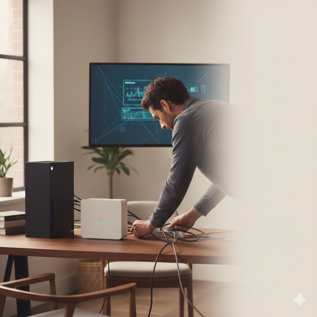 Xbox Series X connected to a router in a home workspace while troubleshooting network and DNS issues.