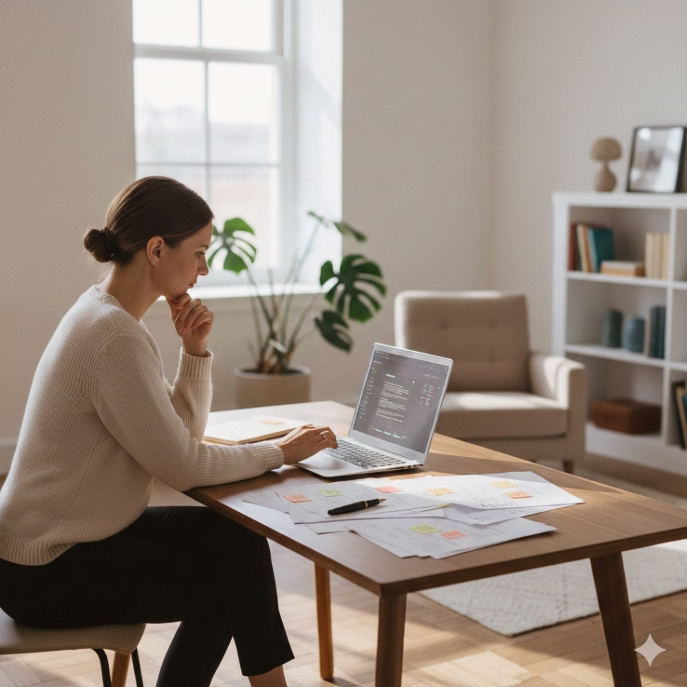 Writer reviewing and editing a manuscript at a desk, representing human oversight in AI-assisted writing.