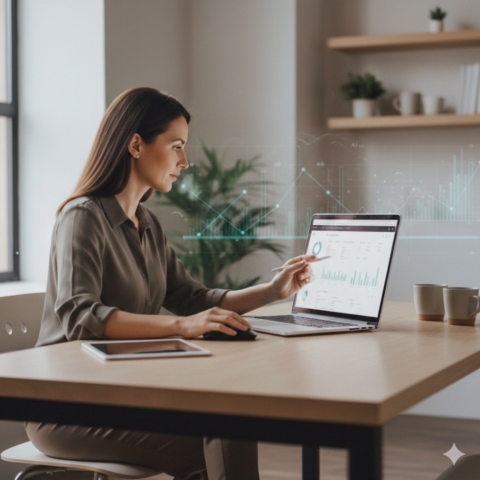 Small business owner reviewing AI-powered accounting data on a laptop in a modern office.