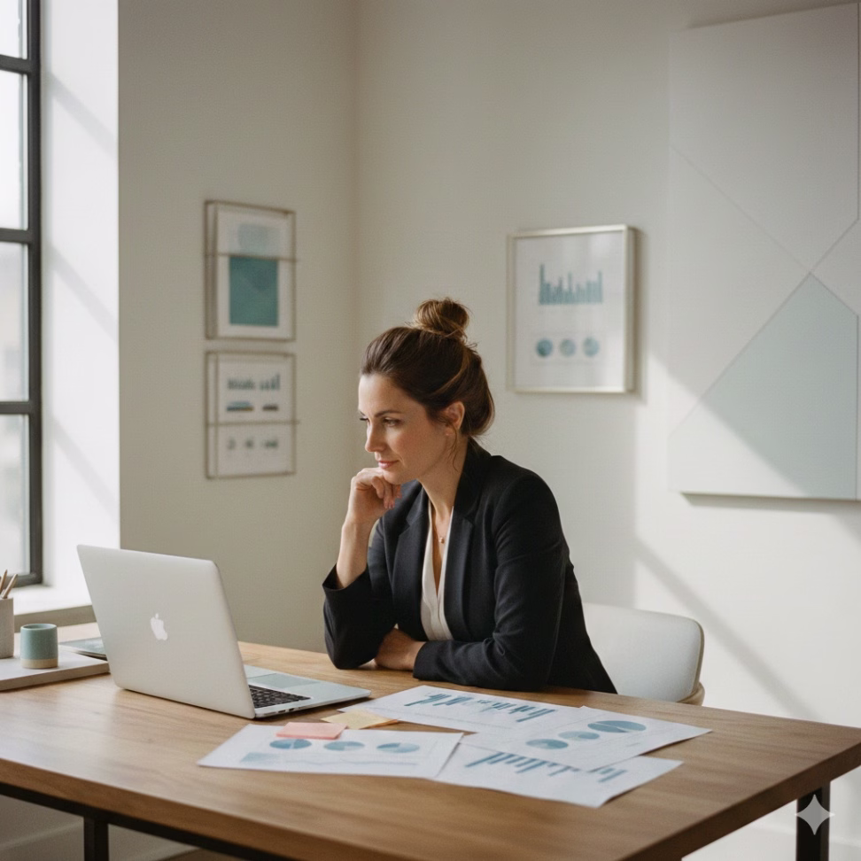 Small business owner at a desk reviewing data and plans for adopting AI tools in a modern office.