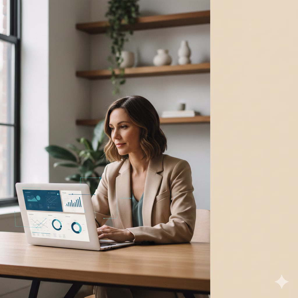 Small business owner using AI tools on a laptop to improve efficiency and reduce costs in a modern office.