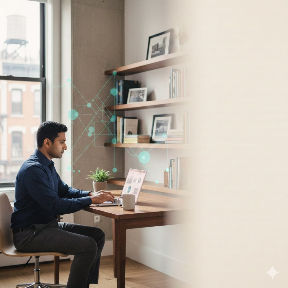 Small-business professional reviewing AI-driven lead data on a laptop in a modern office.