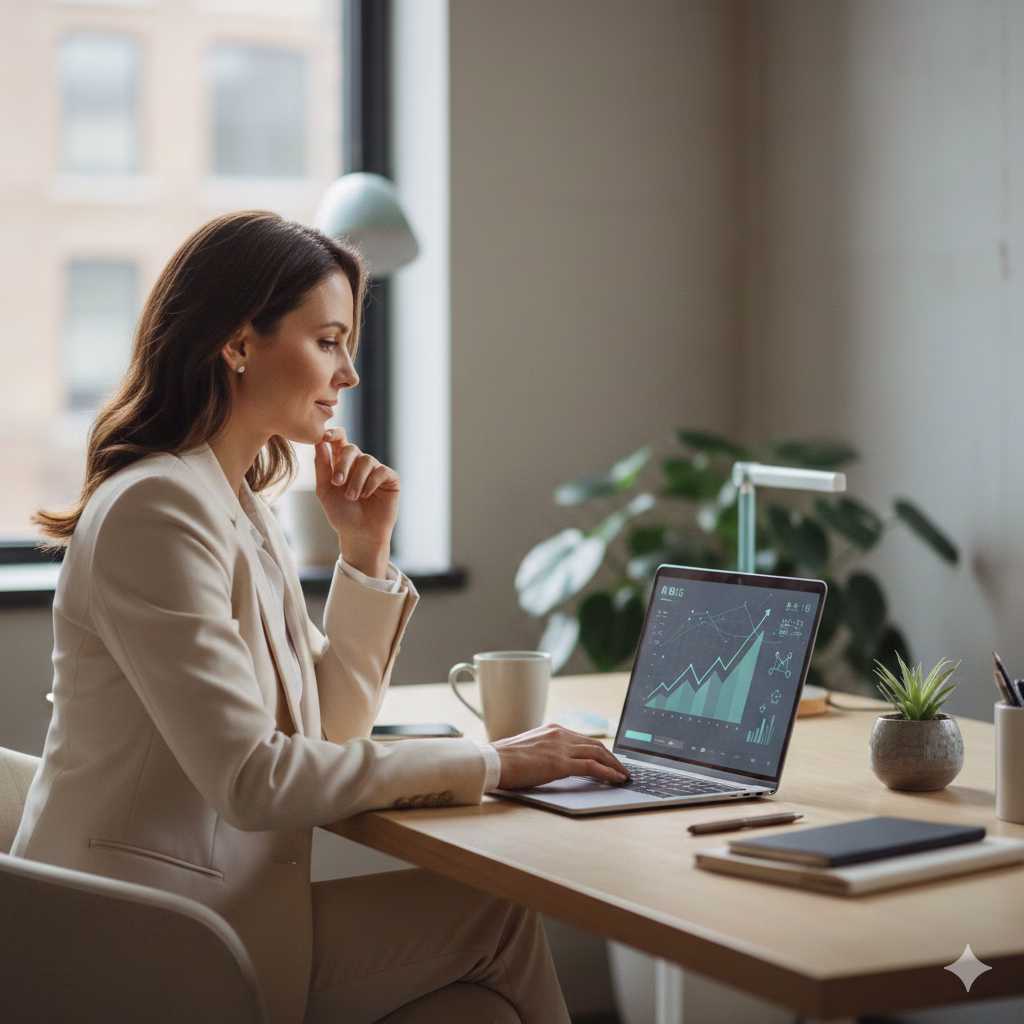 Small business owner reviewing AI pricing and cost breakdowns on a laptop in a modern office.