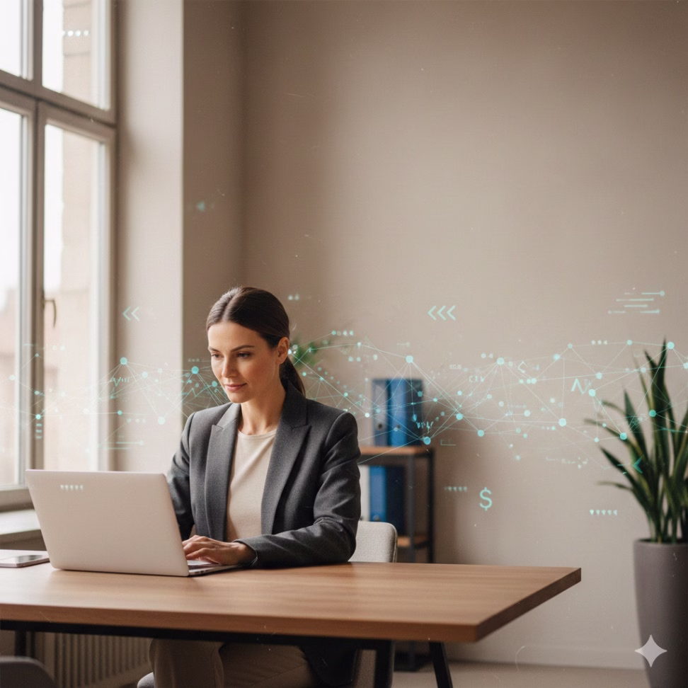 Consultant working at a desk with subtle AI-inspired data visuals representing efficiency and smarter workflows.