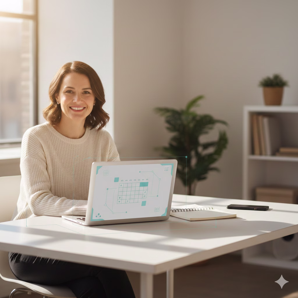 Small business owner reviewing appointments on a laptop in a modern office workspace.