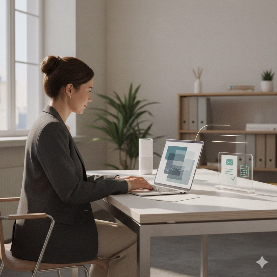 Small-business professional using a laptop in a modern office to manage automated documents and emails.