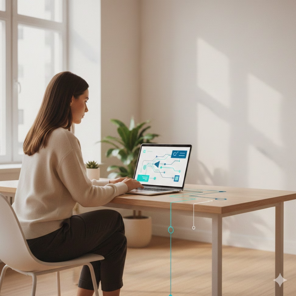 Small business support manager reviewing AI-assisted customer support workflows on a laptop in a modern office.