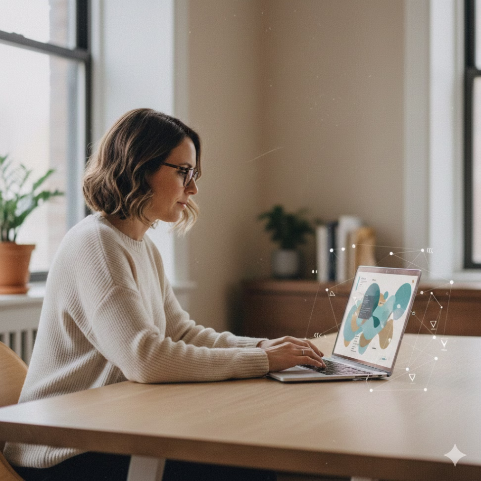 Small business owner using AI-driven customer insights on a laptop in a modern office.