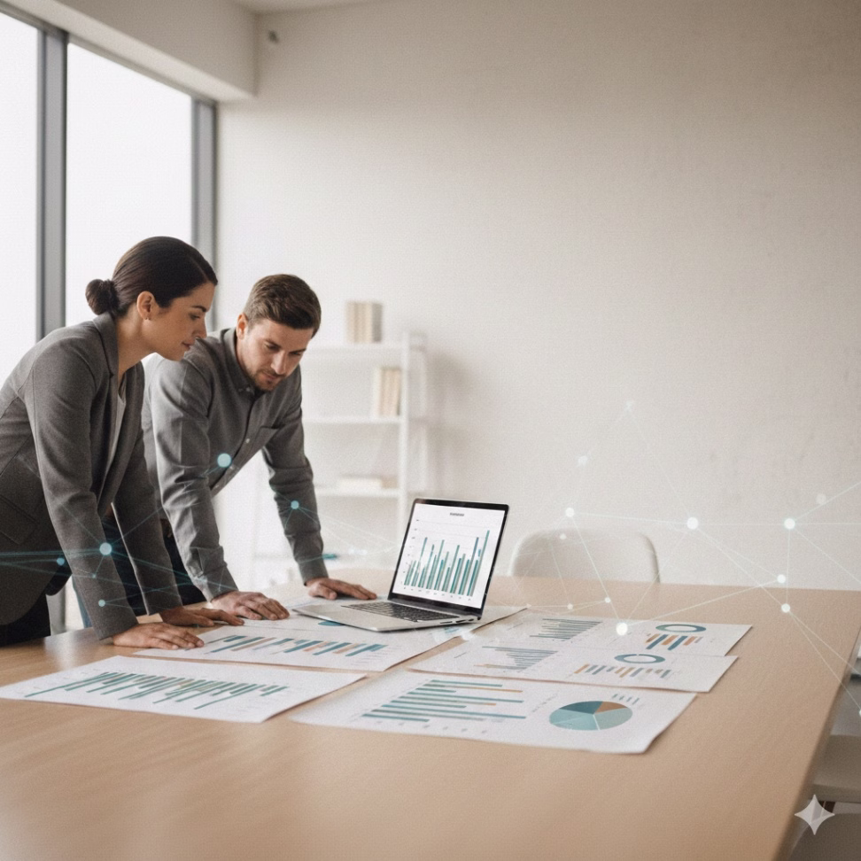 Business team reviewing AI performance metrics and charts in a modern office setting