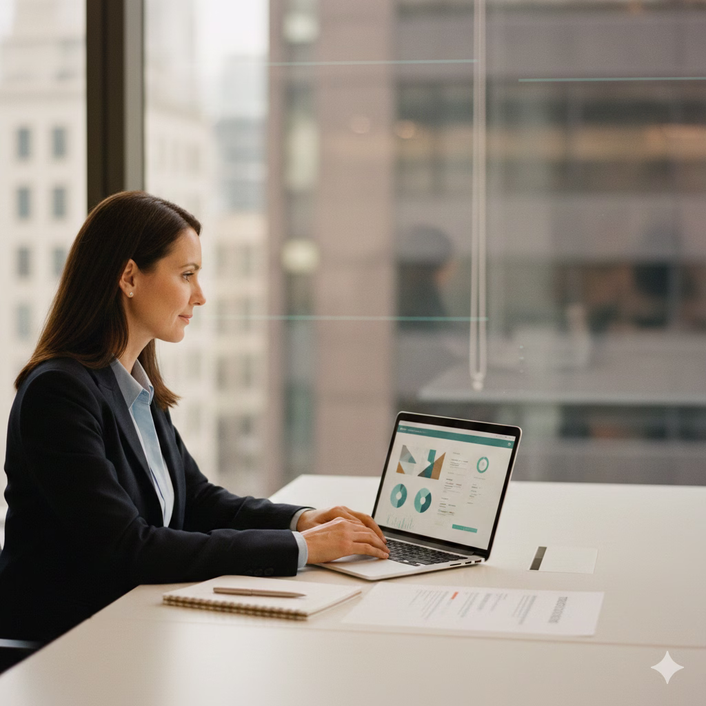 Business manager reviewing an AI training roadmap on a laptop in a modern office workspace.