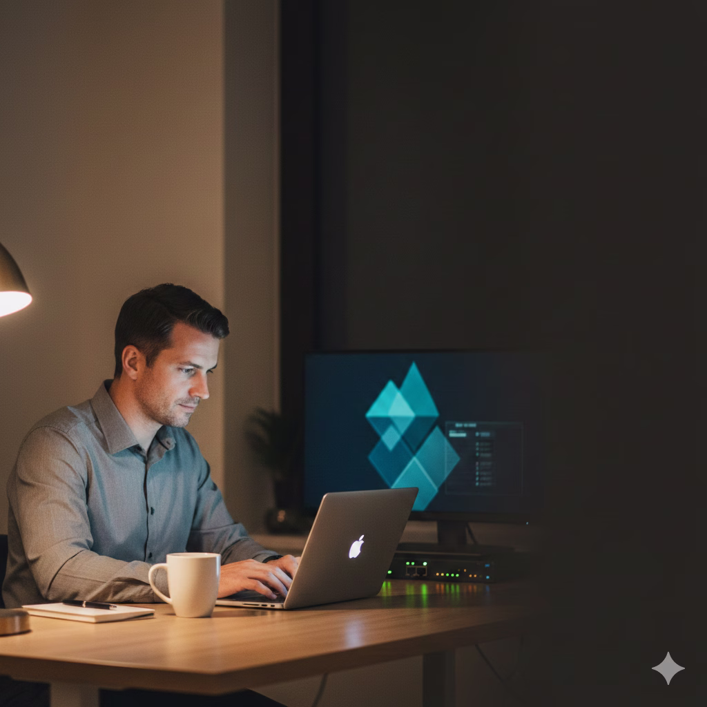 Business owner monitoring systems on laptop in office at night with networking equipment in background.