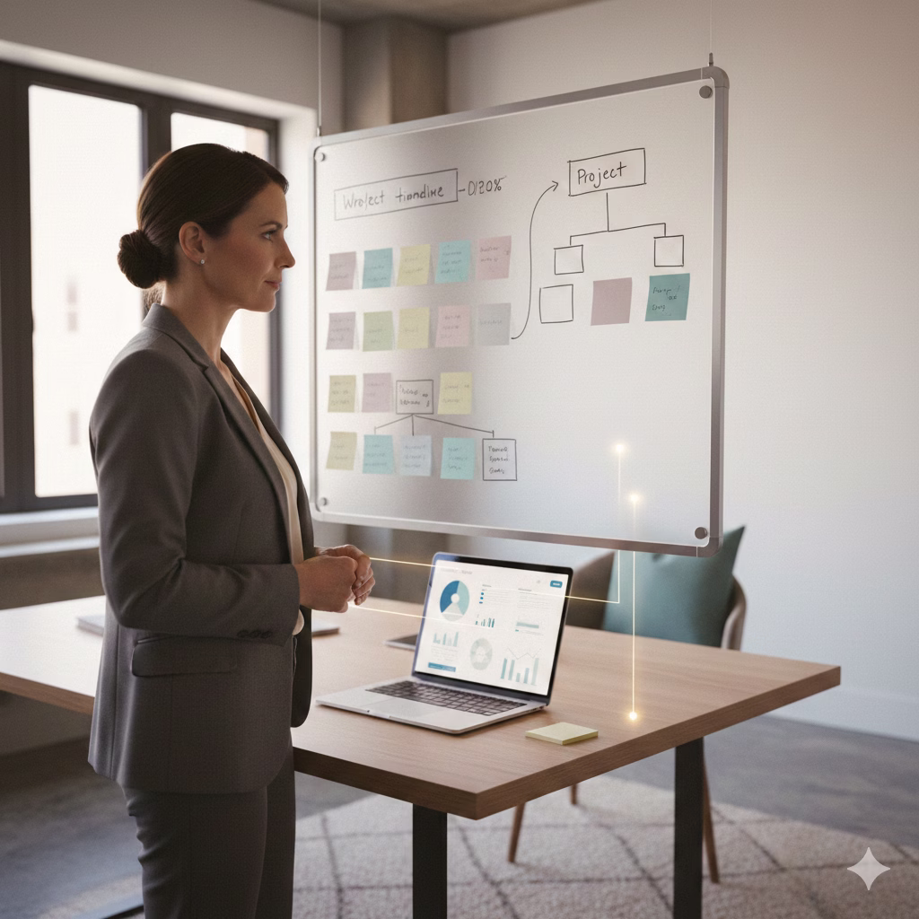 Small business owner reviewing workflow board in office with laptop on desk and organized process notes.